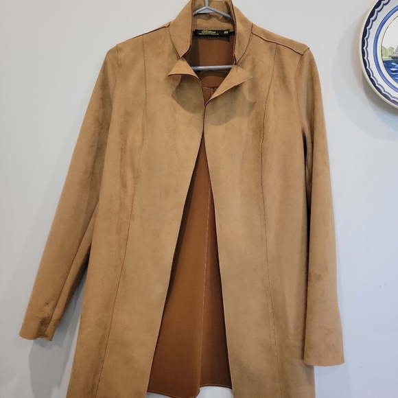 Bellina XS Faux Suede Tan Open Front Long Jacket NWOT - Picture 8 of 9